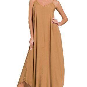 Zenana Elegant Camel Color Woven Arc Hem Cami Dress With Flowy Pockets